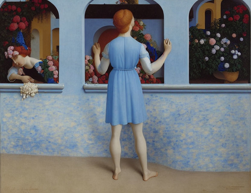 Surreal painting of woman in blue dress overlooking garden with figure arranging flowers