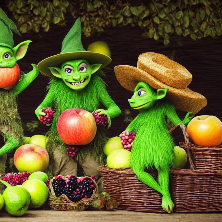 Cartoonish green goblins with apples in rustic fruit setting