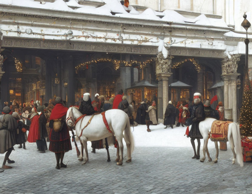 Snow-covered European market square with people in period attire and festive decorations