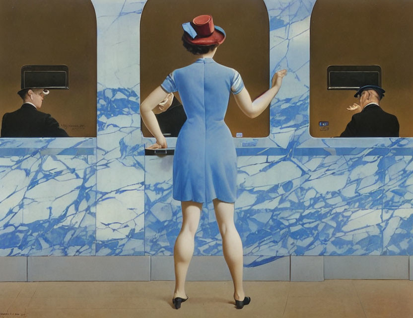 Woman in Blue Dress and Red Hat at Ticket Window with Two Men in Hats on Blue Marbled Background