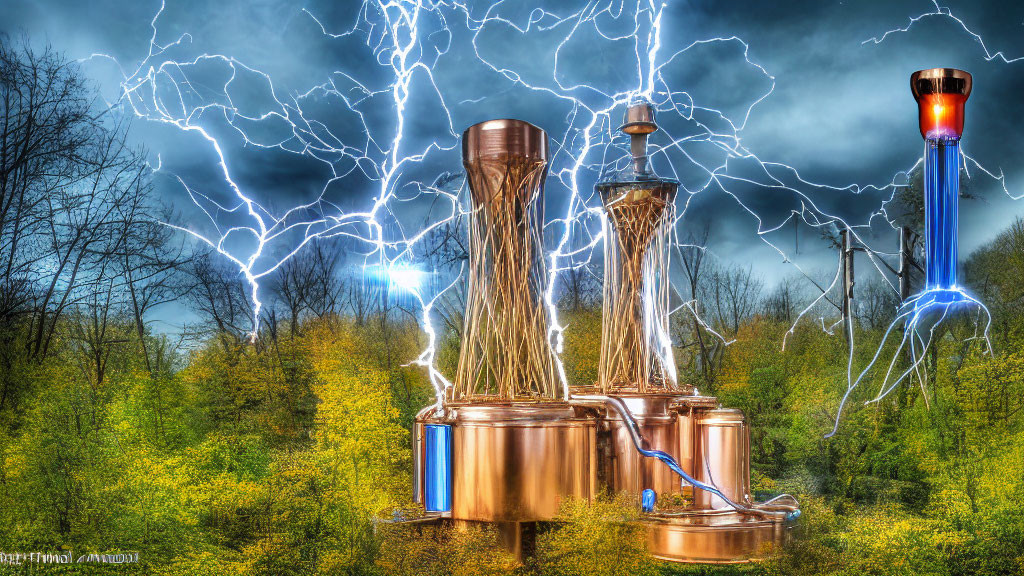 Copper distillery equipment with lightning bolts in forest