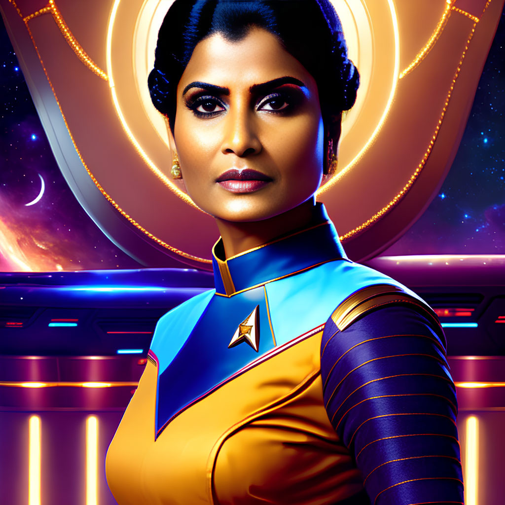 Futuristic woman in blue and gold uniform with star emblem on space-themed background