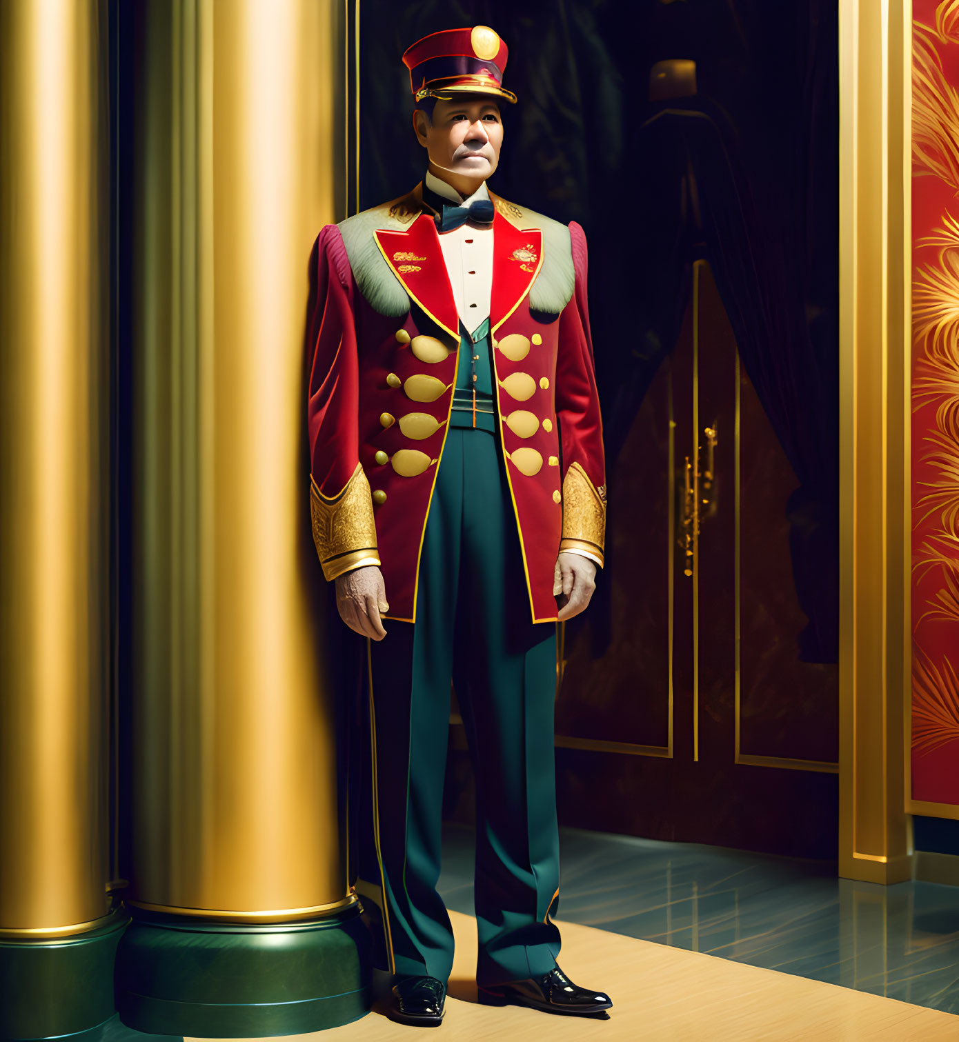 Man in Red and Gold Doorman Uniform Beside Golden Pillar