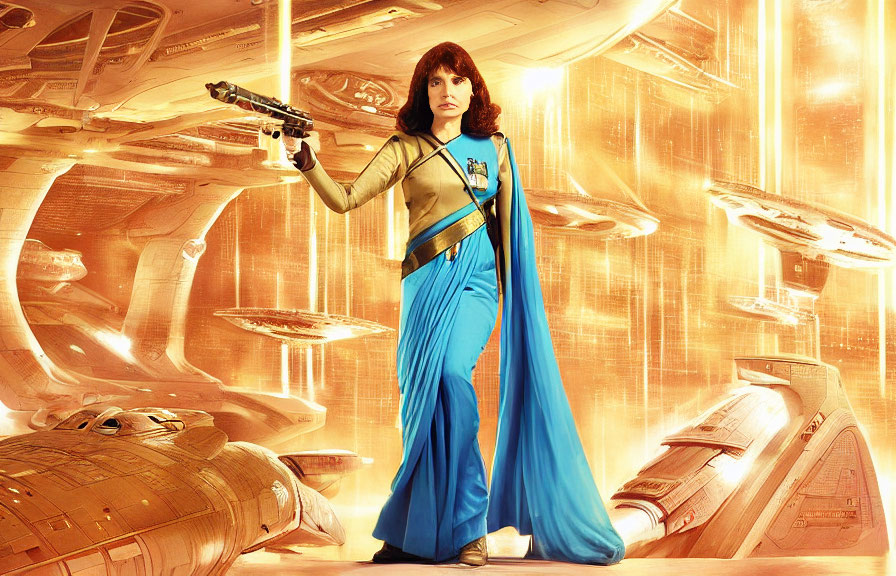 Futuristic woman in costume with blaster near golden spacecraft structures