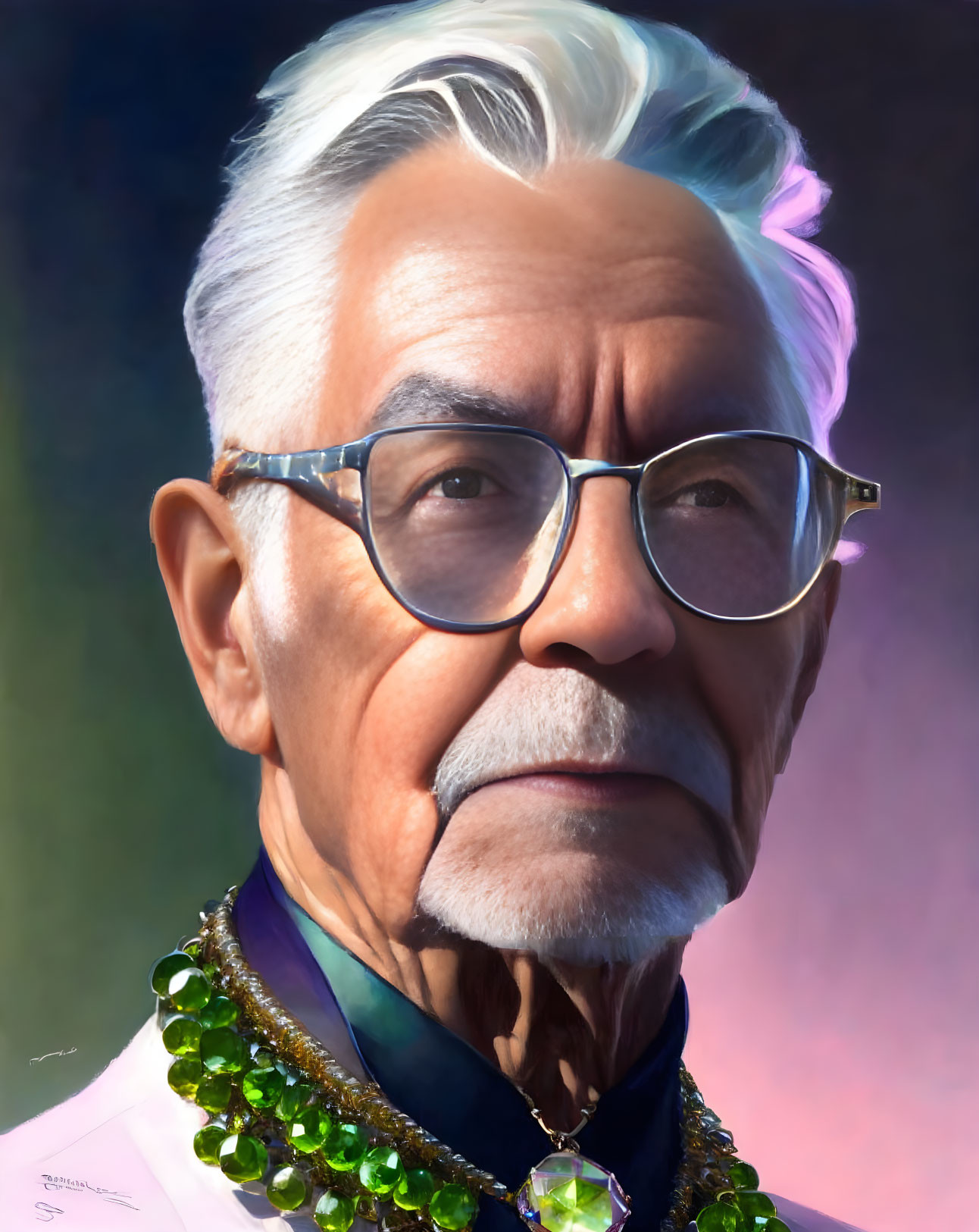 Elderly Man Portrait with White Hair, Mustache, Glasses, and Lei