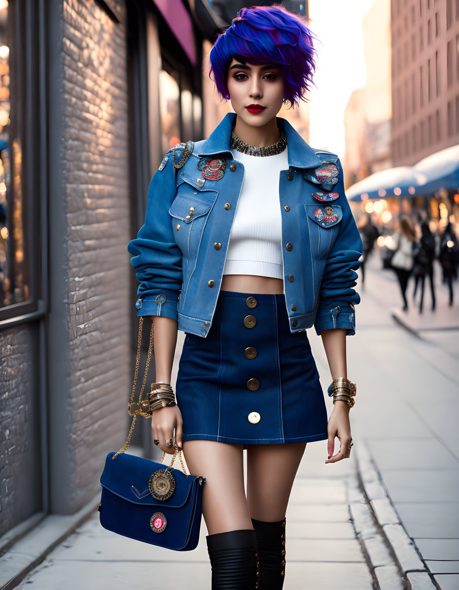 Fashionable woman with purple hair in denim jacket and skirt walking in city street