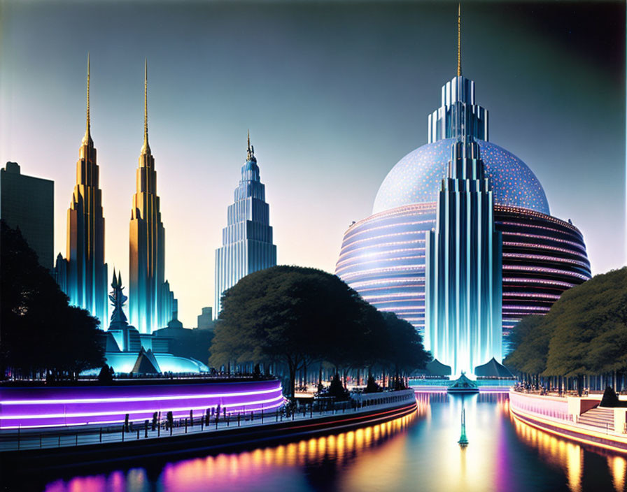 Twilight futuristic cityscape with illuminated skyscrapers, domed building, and tree-lined canal