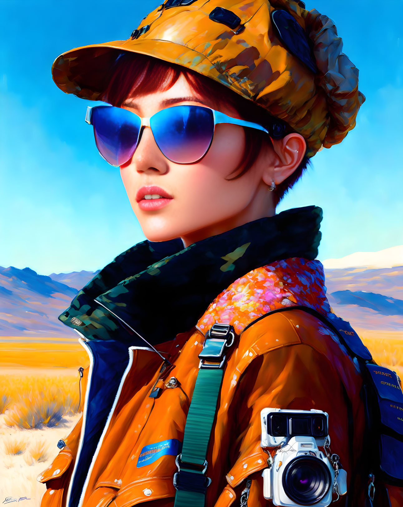 Stylized portrait of person in camo bucket hat and aviator sunglasses