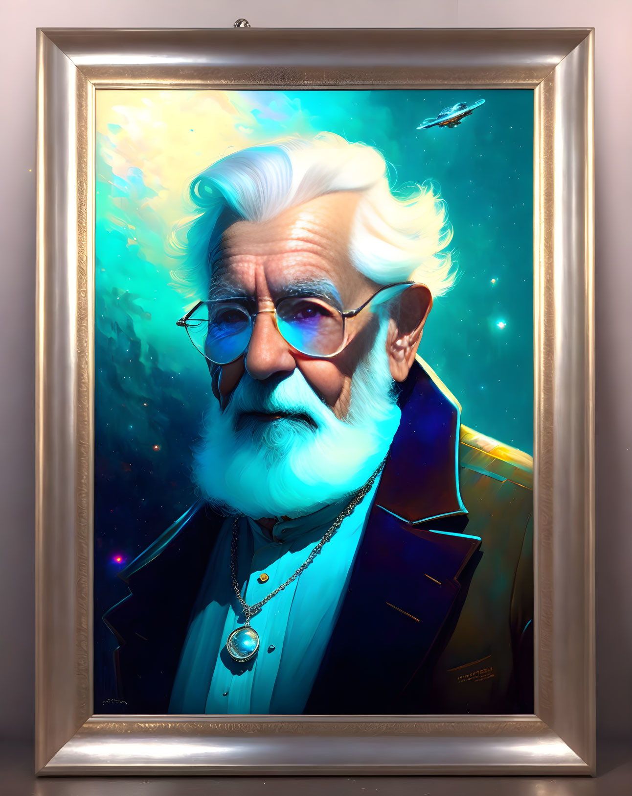 Elderly man portrait in suit and glasses against cosmic background