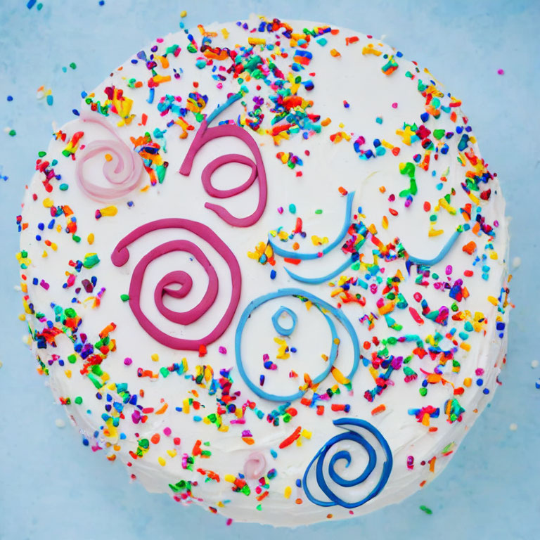 Colorful Sprinkle Frosted Cake with Pink and Blue Icing Swirls