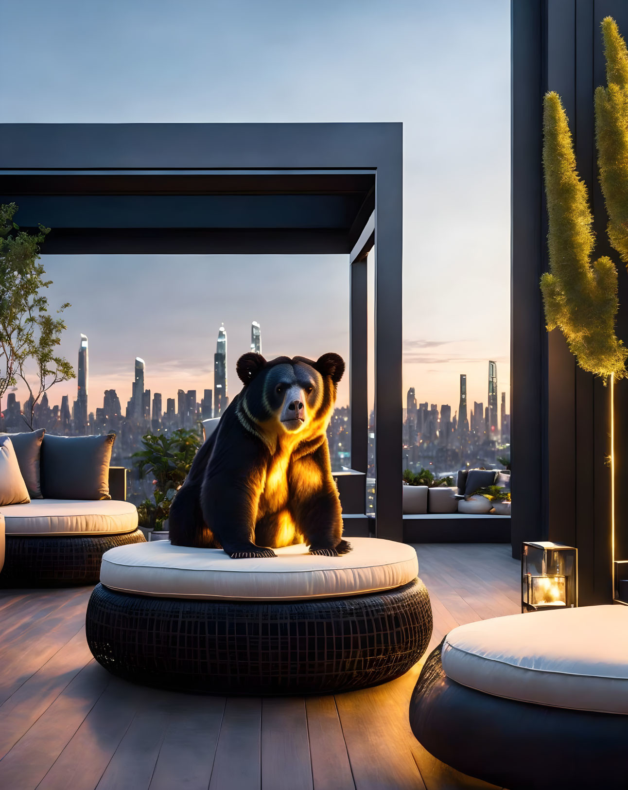 Calm Bear on Rooftop Patio at Dusk