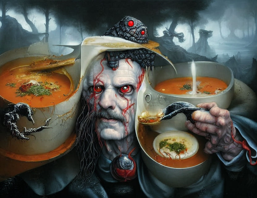 Surreal artwork of pale figure eating soup with red markings and red-eyed creature
