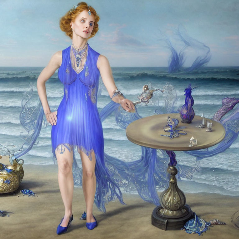 Woman in Blue Dress by Table with Ocean Background and Whimsical Smoke Figures