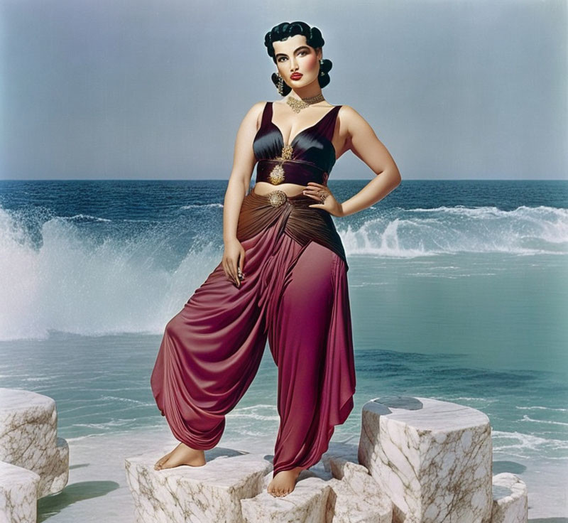 Vintage Maroon Dress Woman Poses on Stone Blocks with Ocean Backdrop