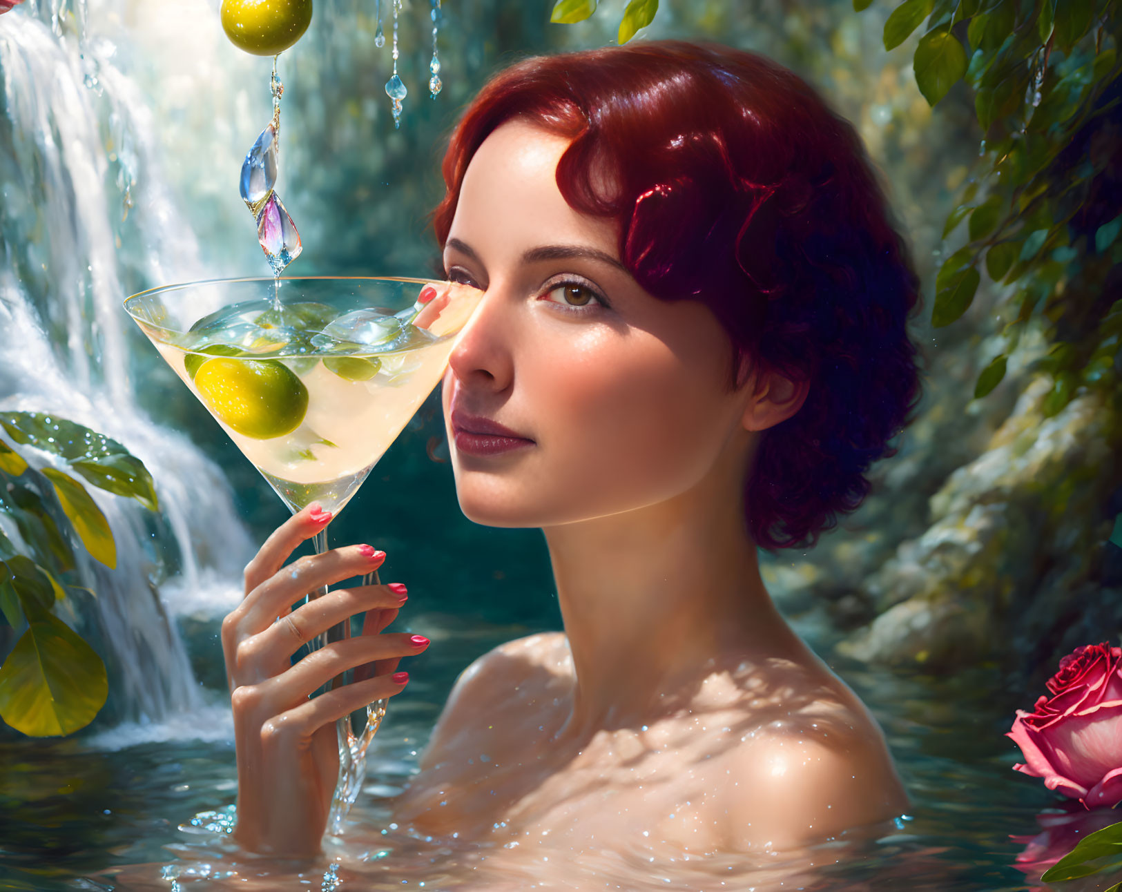 Red-Haired Woman Relaxing with Cocktail in Nature Scene