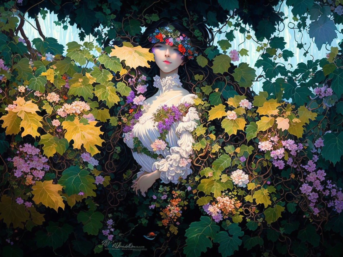 Surreal illustration of blue-skinned woman with floral motifs in lush green and purple setting