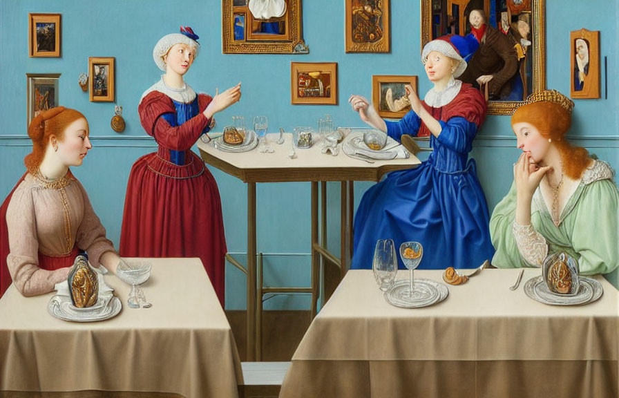 Four Women in Renaissance Clothing at Tables with Glassware in Art-Filled Room