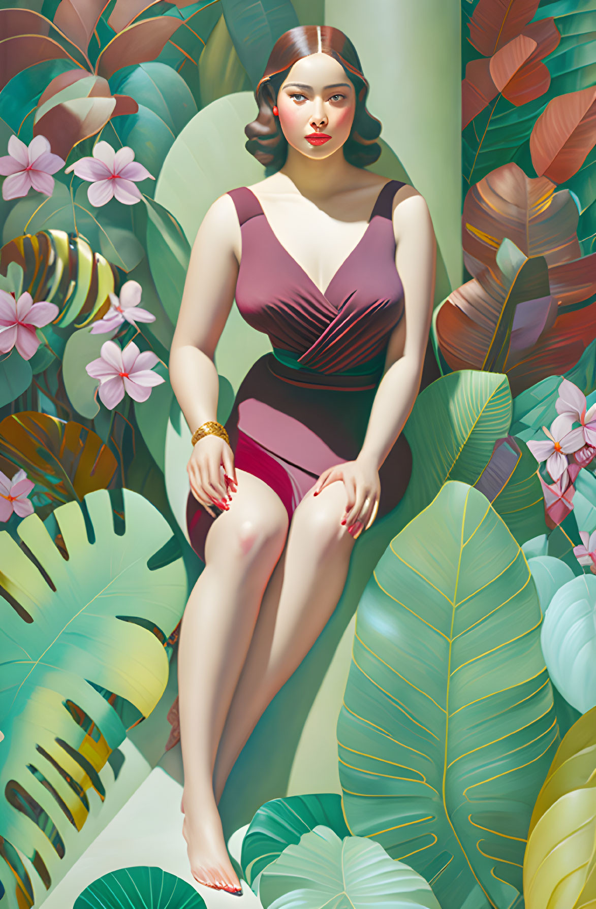 Illustration of woman in burgundy dress among tropical leaves