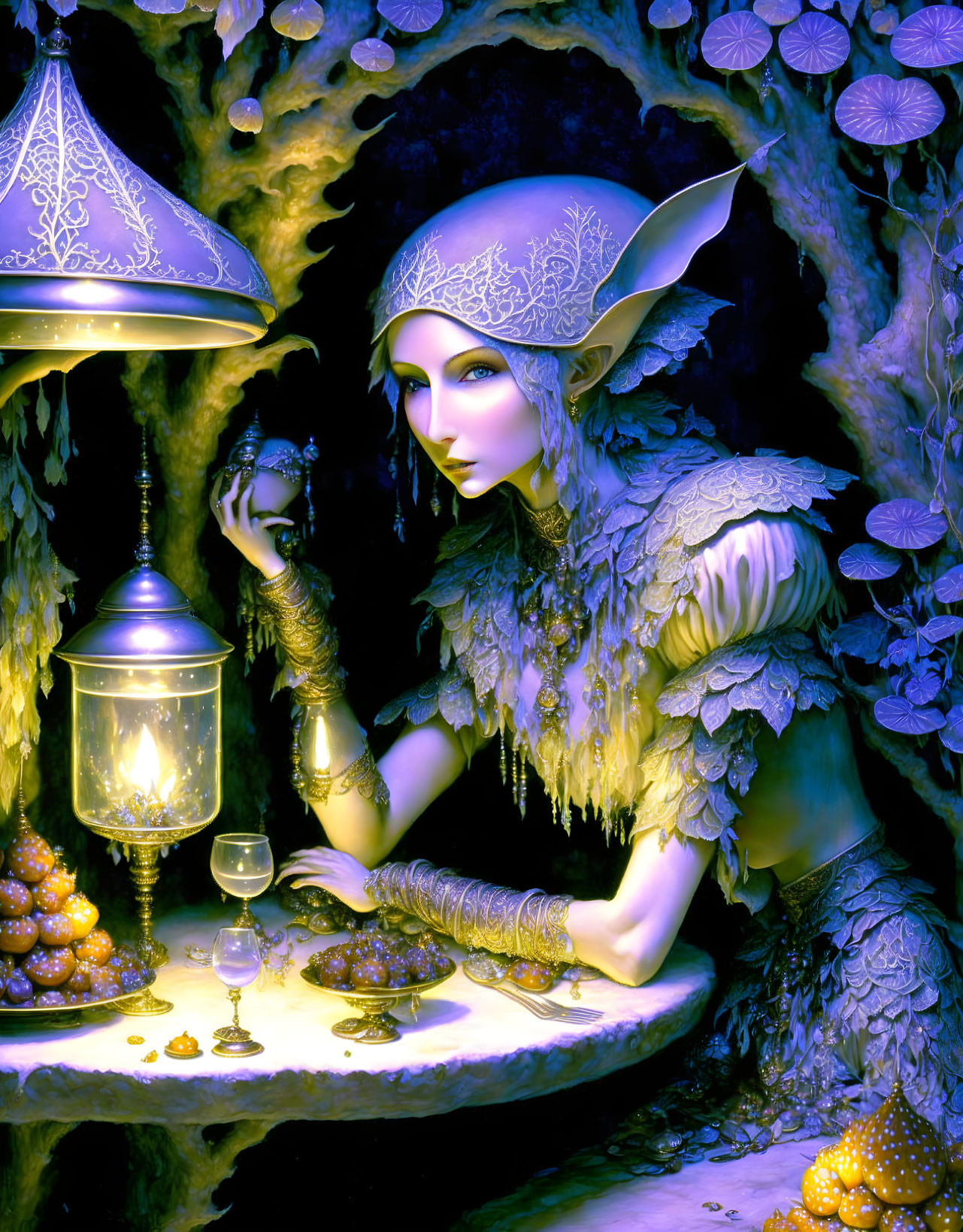 Fantasy elf in silver armor surrounded by mushrooms and lanterns