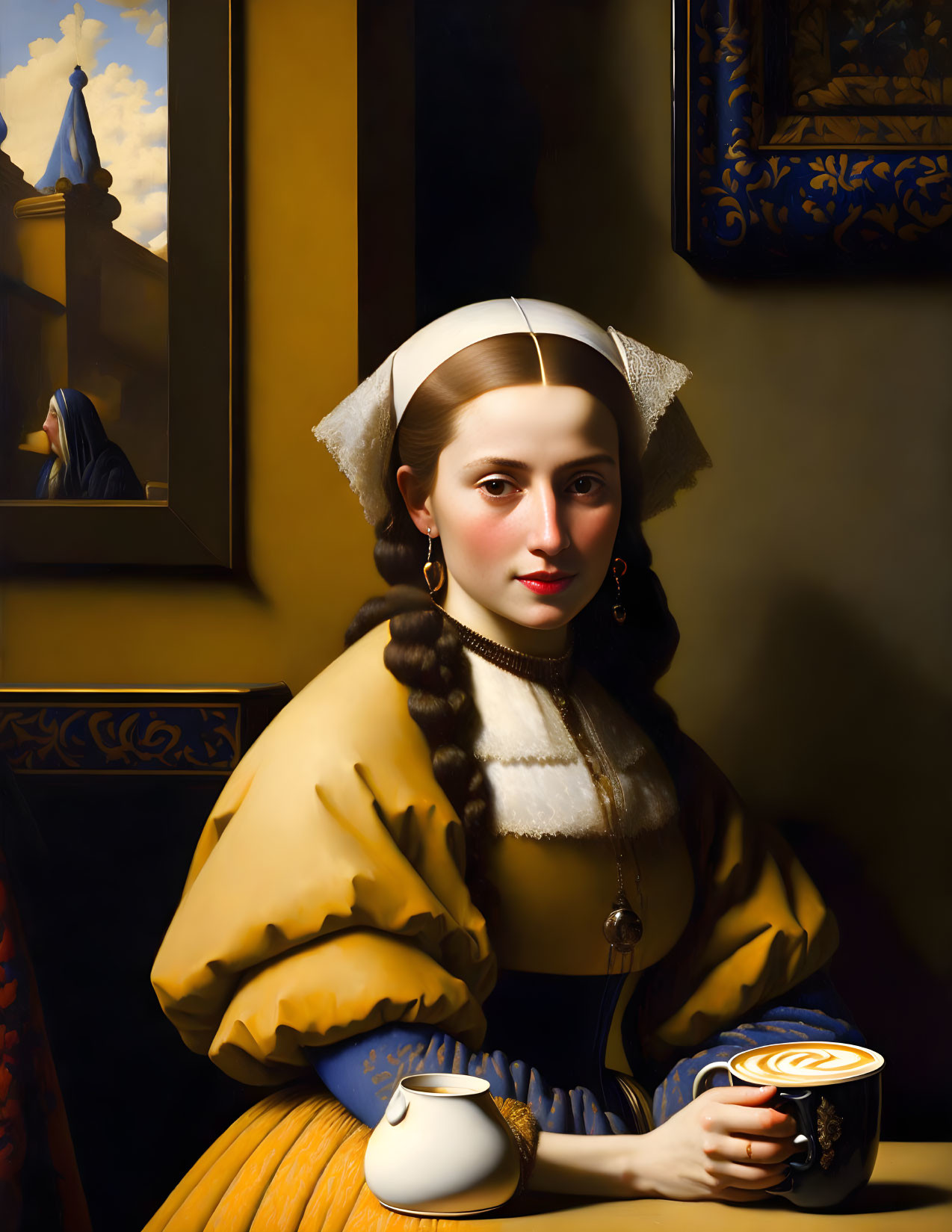 Woman in yellow dress with white headdress at table near window and painting