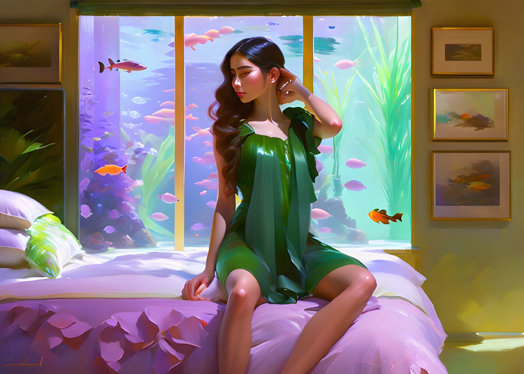 Woman in green dress by bed looking at fish aquarium in sunlit room