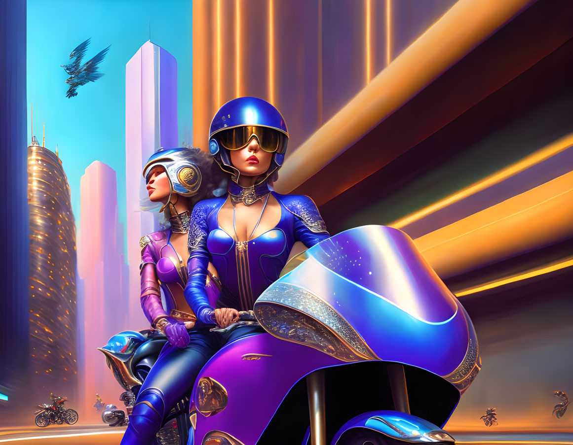 Futuristic female motorcyclists in blue and purple suits with helmets in cityscape scene