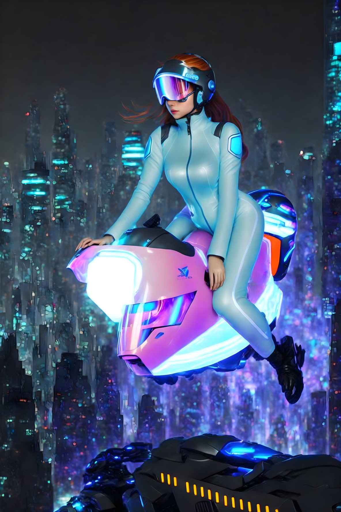 Futuristic person in light suit on hovering motorcycle in neon cityscape