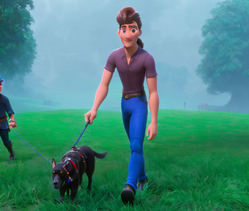 Stylized animated character in purple shirt walking black dog in foggy park