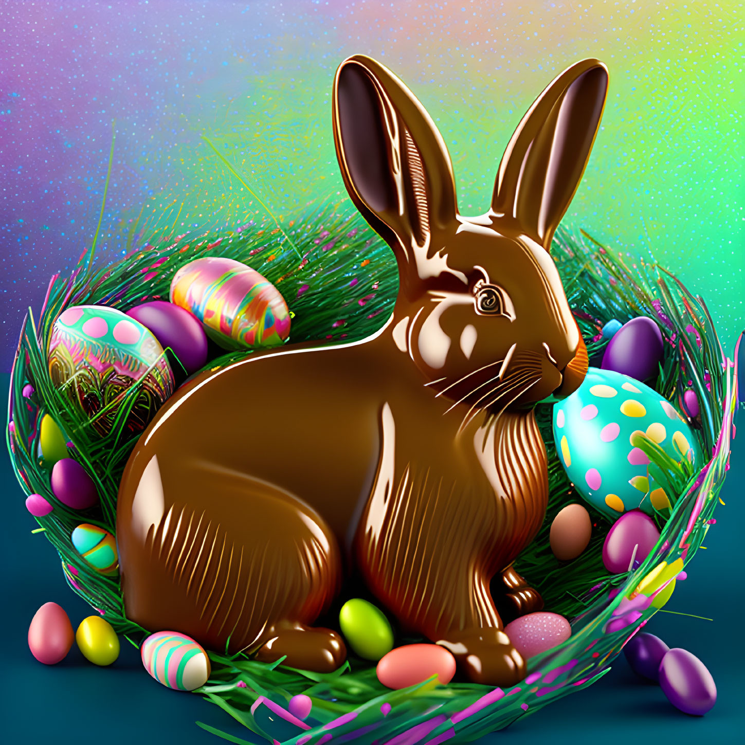 Chocolate Bunny Surrounded by Easter Eggs in Starry Night