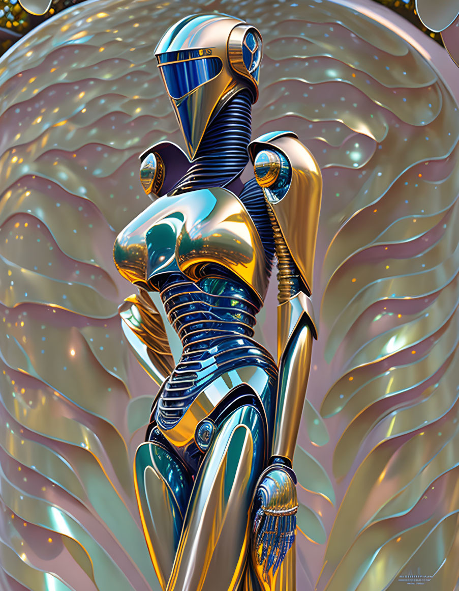 Futuristic humanoid robot with blue and gold segments on abstract multicolored backdrop