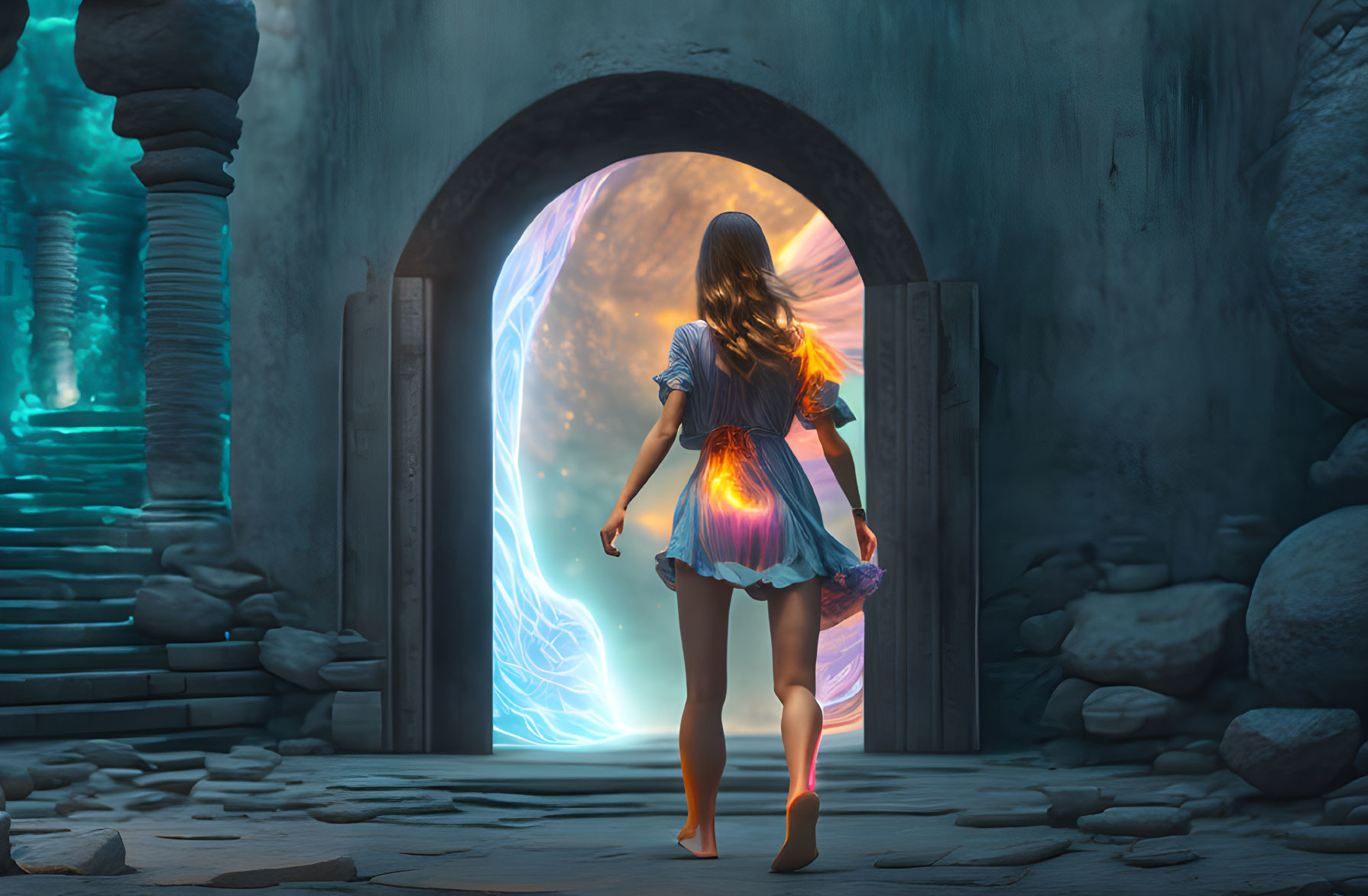 Young girl in dress at glowing portal in ancient stone chamber