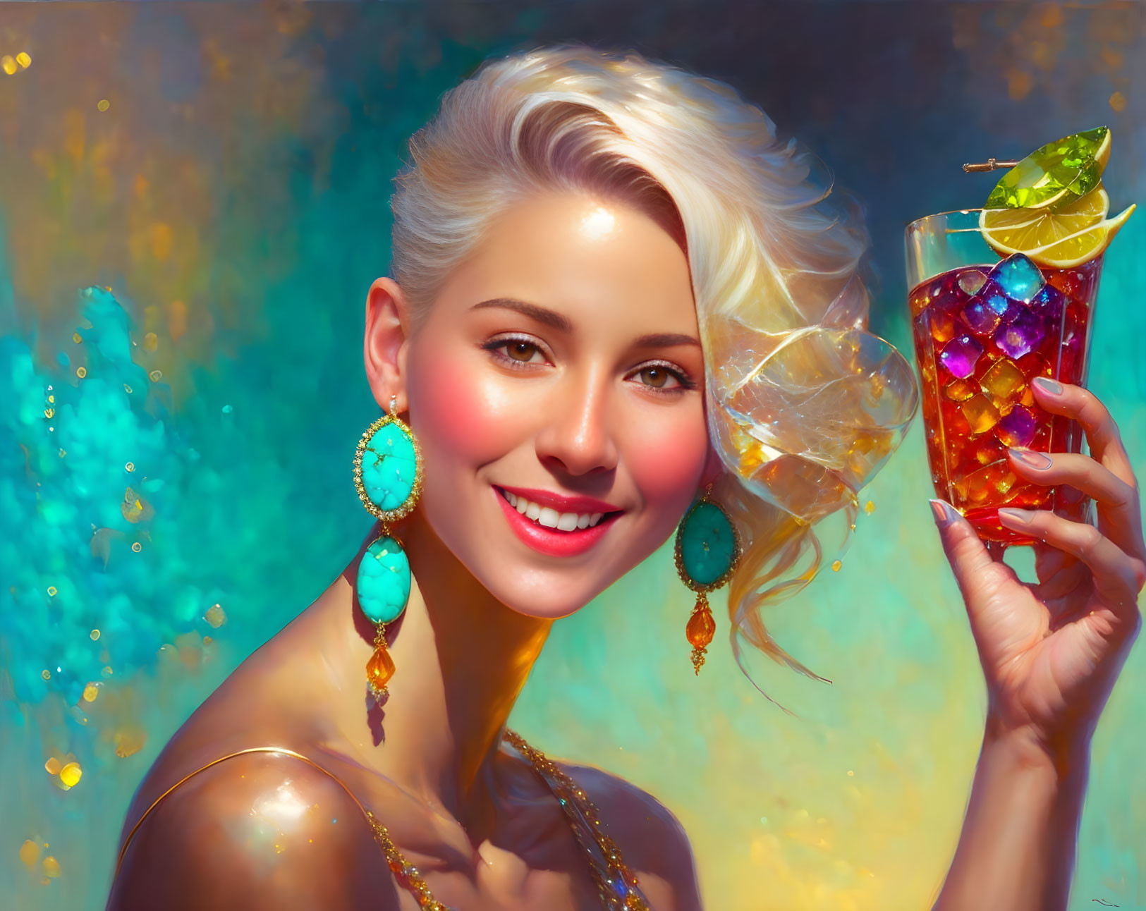 Blonde woman smiling with cocktail in colorful setting