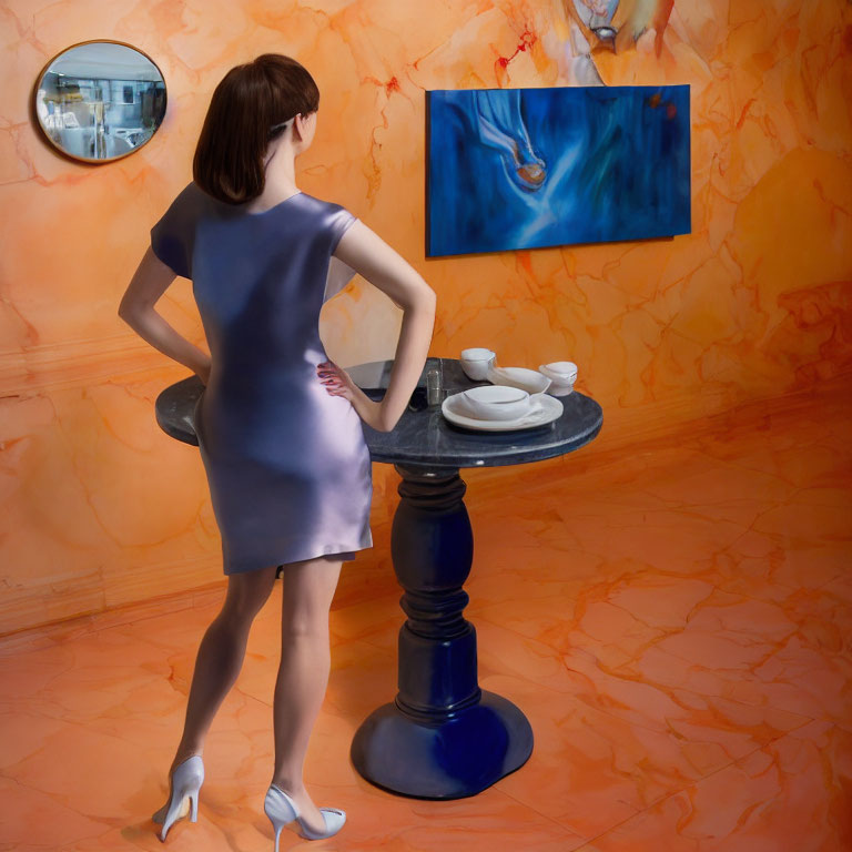 Woman in blue dress and white heels in orange room with round table and artwork.