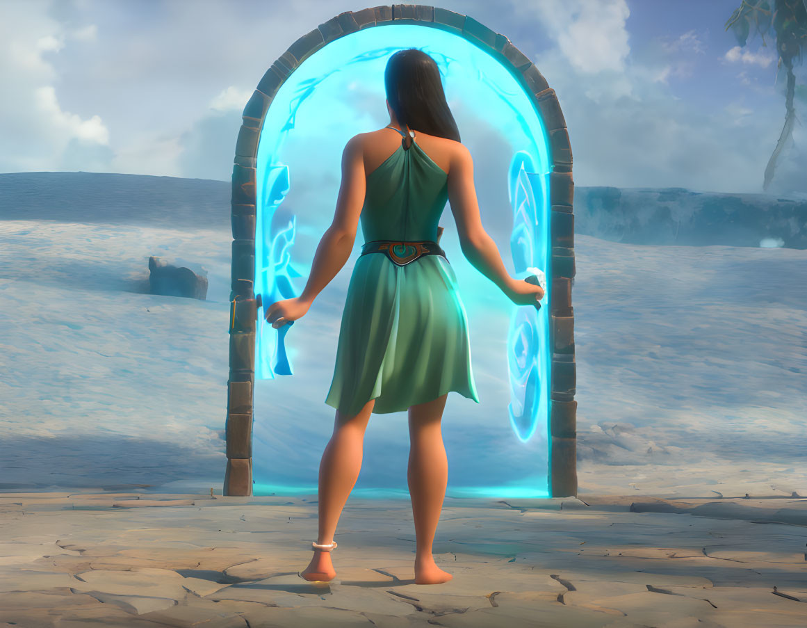 Woman in Green Dress Stands by Glowing Blue Portal on Sandy Surface