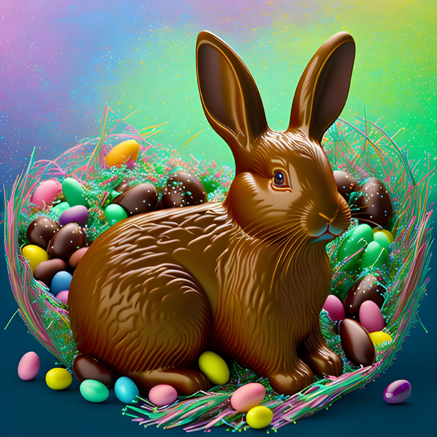 Chocolate bunny in colorful Easter egg nest on gradient background