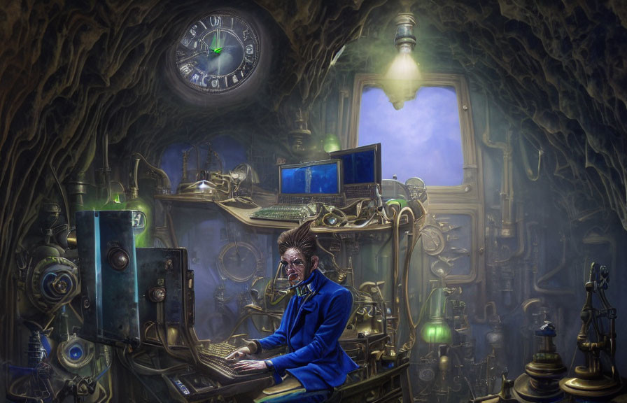 Cybernetic person in steampunk workstation with ornate clock.