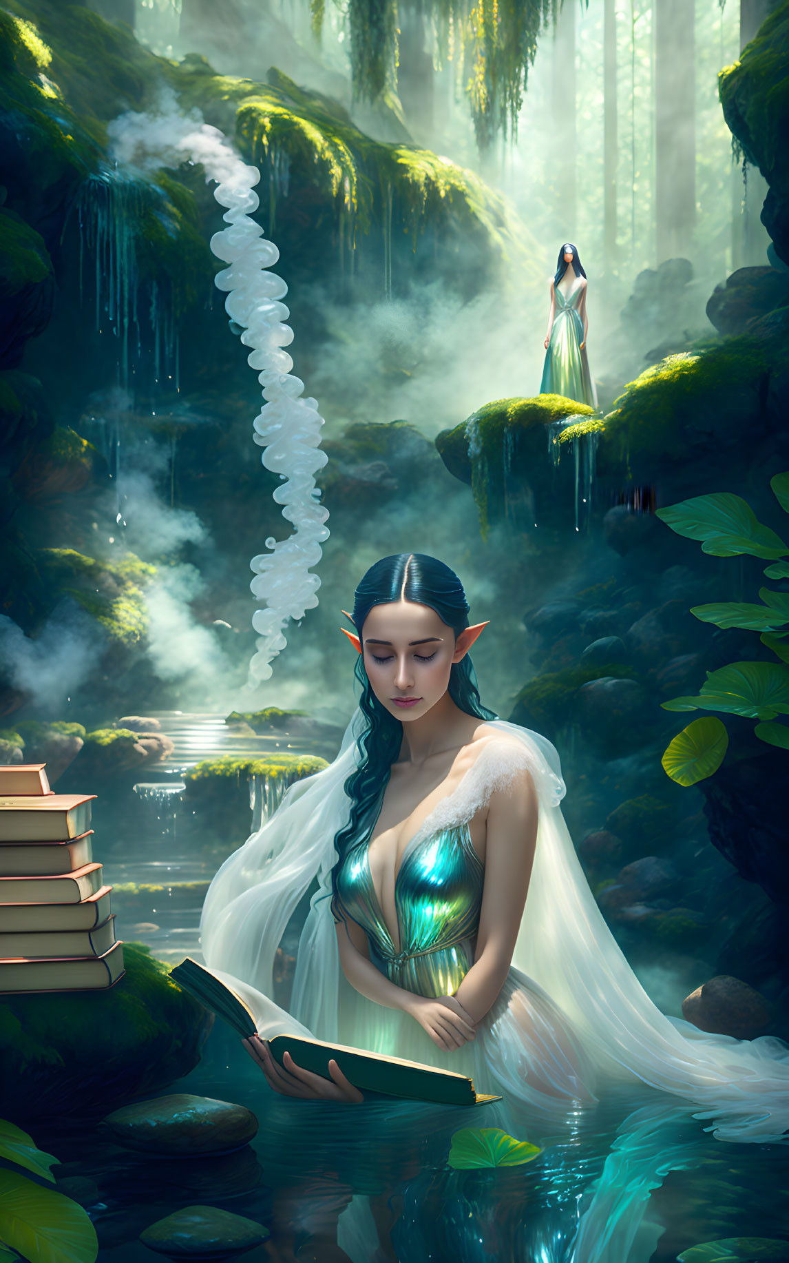 Ethereal woman reading by forest pond, figure by waterfalls