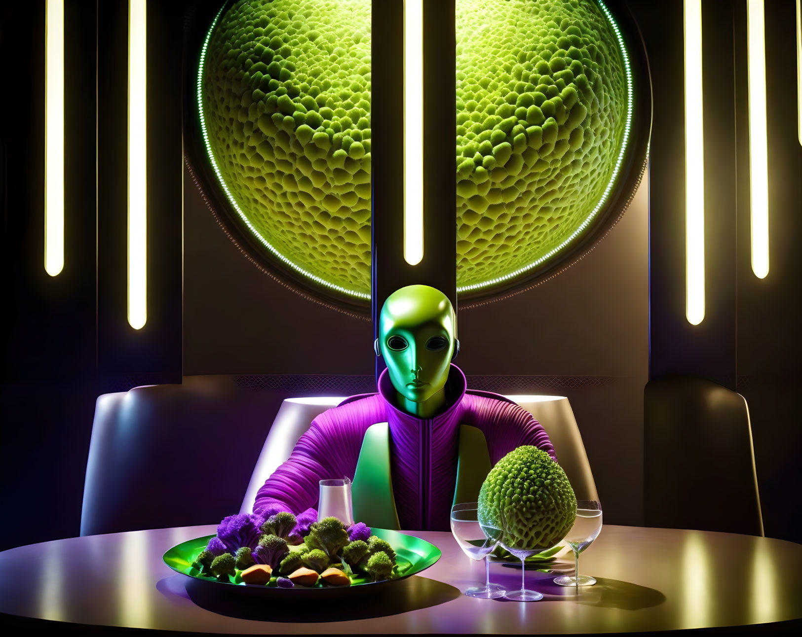 Green-skinned humanoid alien dining with exotic vegetables in futuristic setting.