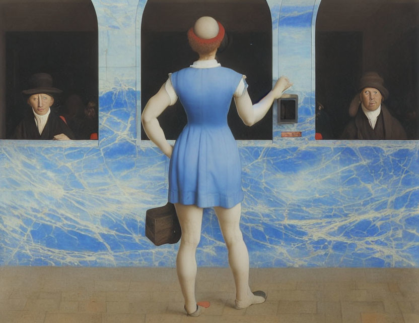 Person in Blue Dress and Bowler Hat Standing Before Wall with Three Windows