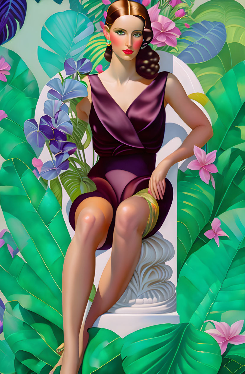 Digital artwork of serene woman in purple dress surrounded by vibrant foliage