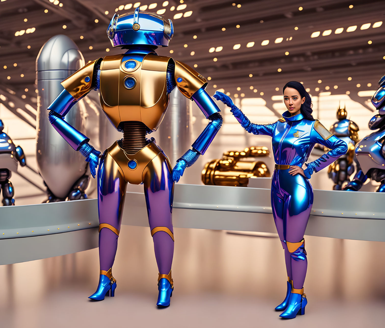 Futuristic woman and humanoid robot in production line setting