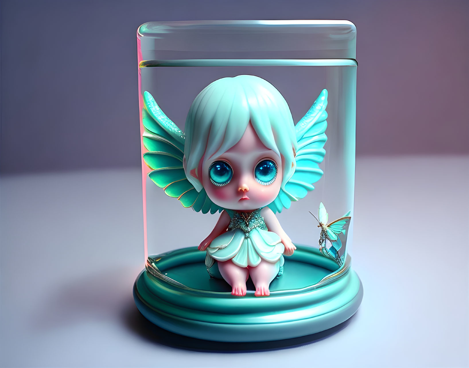 Whimsical fairy with blue eyes and turquoise wings in glass dome with butterfly