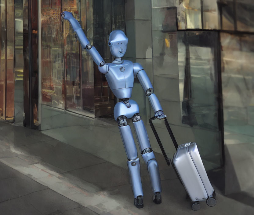 Humanoid robot with suitcase hailing cab in urban scene