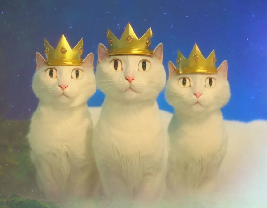 Three White Cats with Golden Crowns in Cosmic Setting