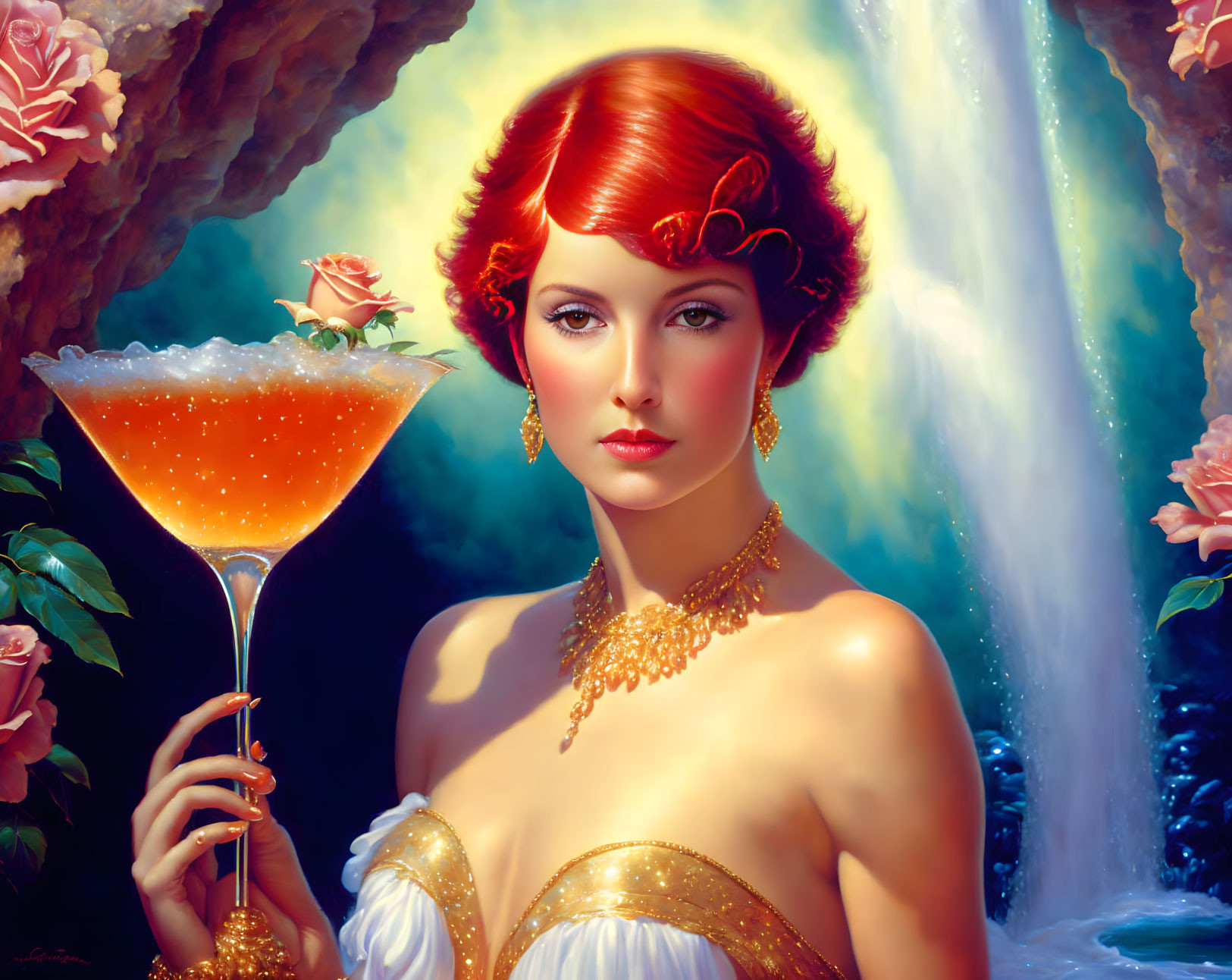 Red-haired woman with vintage makeup holding a cocktail glass in a painting