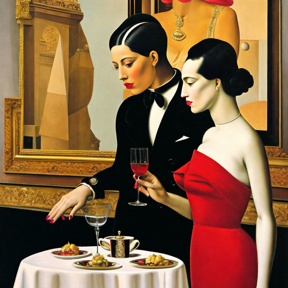 Surreal painting of stylish figures in room with wine glass and framed picture