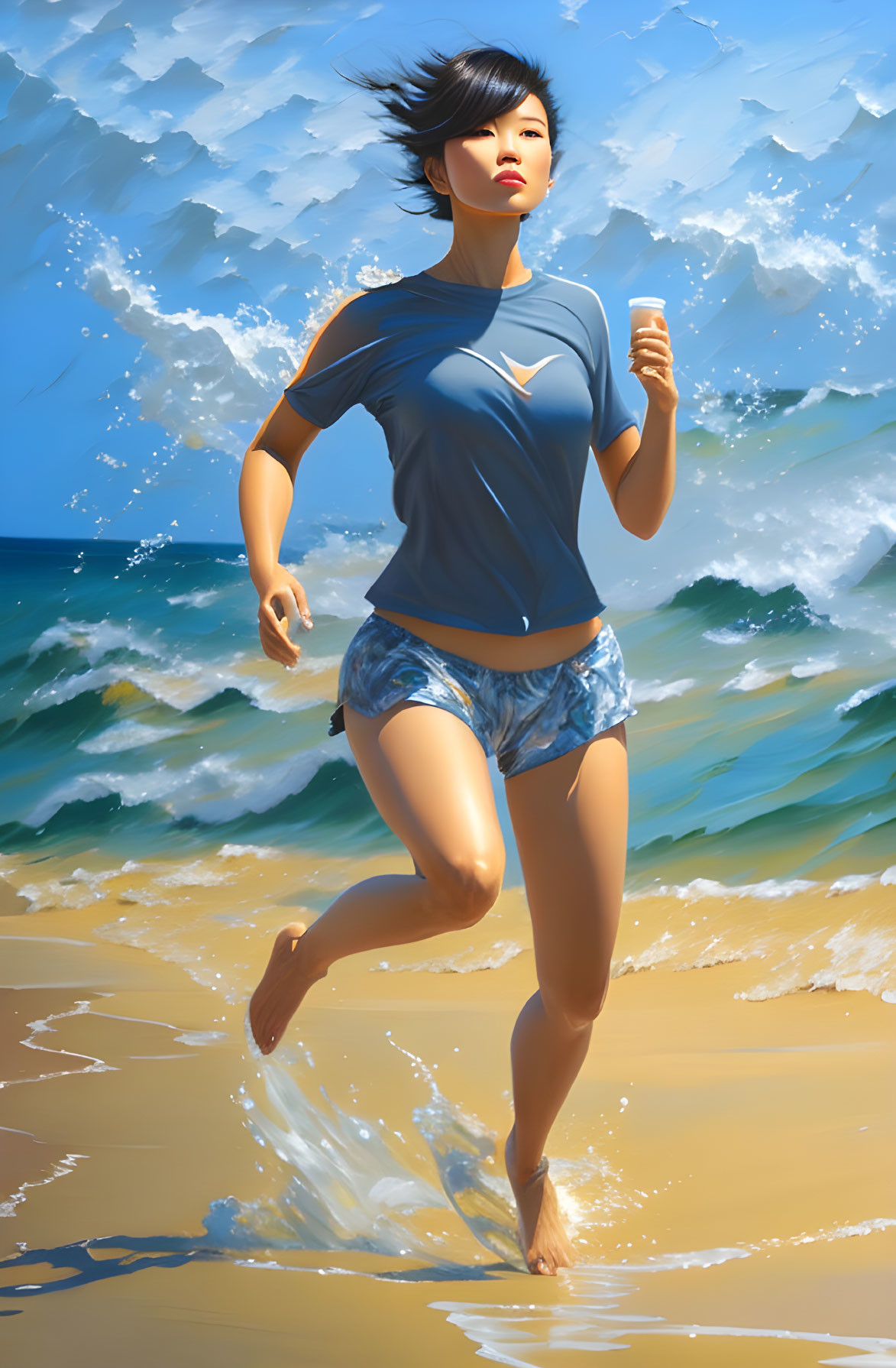 Woman jogging on sunny beach with crashing waves