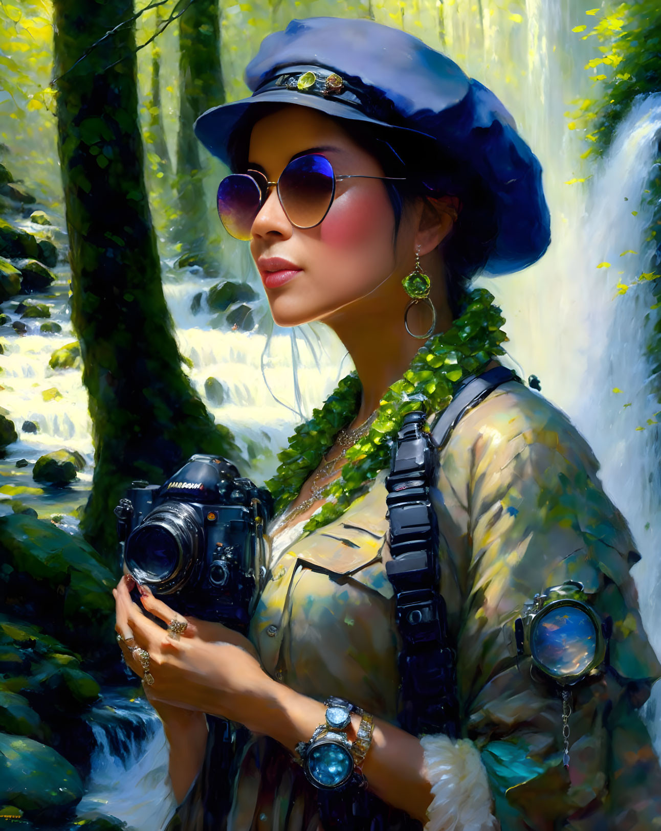 Woman in blue hat and sunglasses by sunlit forest waterfall