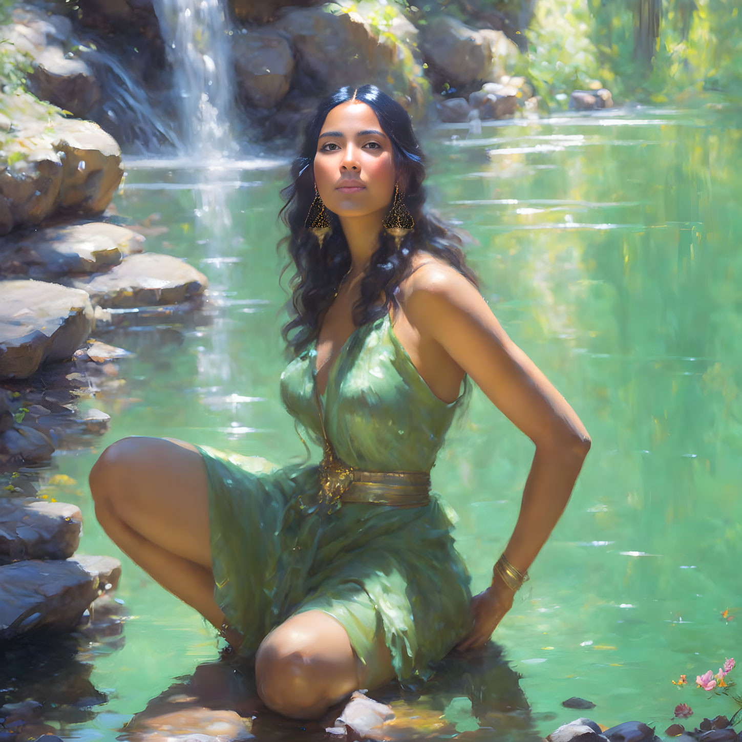 Woman in Green Dress by Serene Waterfall Under Sunlight