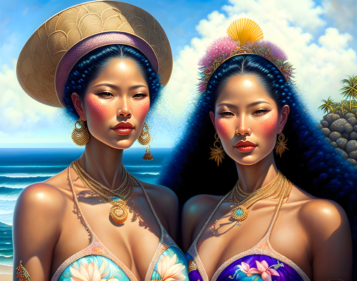 Two women with ornate hairstyles, hats, jewelry, and tropical flowers against an ocean backdrop